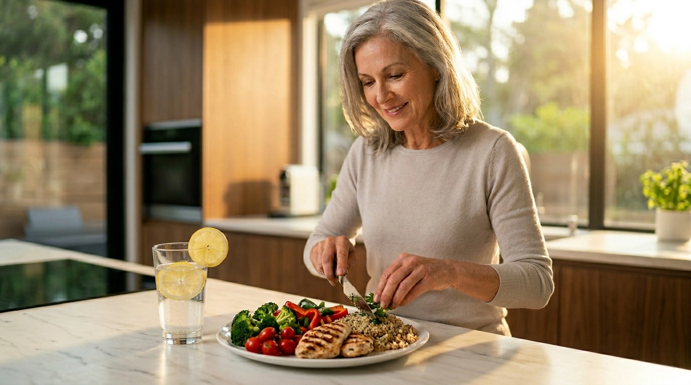A medium shot captured with a shallow depth of field, bathed in soft, golden hour sunlight streaming through a large window on the right. In the center-right, a smiling mature woman with silver-grey hair looks down while carefully garnishing a colorful meal on a white marble countertop. In the lower foreground, a white ceramic plate is filled with textured grilled chicken breasts, vivid green broccoli florets, sliced red bell peppers, cherry tomatoes, and a mound of quinoa. To the left of the plate sits a tall, clear glass filled with water, ice cubes, and bright yellow lemon slices, with one round slice neatly balanced on the rim. The background features softly blurred, minimalist wooden kitchen cabinets, creating a bright, clean, and inviting lifestyle aesthetic.