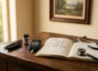 Glucometer showing a blood sugar reading beside test strips, a lancet, a stethoscope and a notebook of handwritten glucose numbers on a warm wooden desk, illustrating A1c and diabetes monitoring.