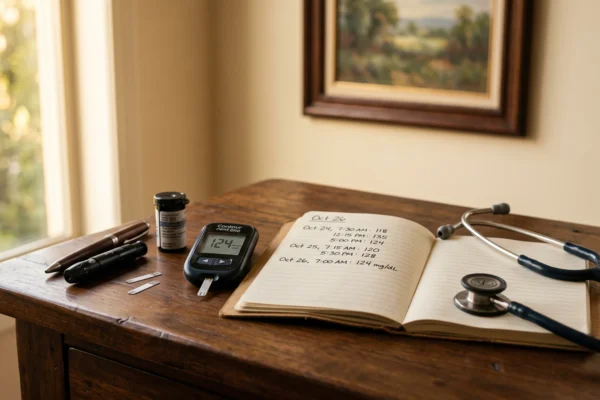 Glucometer showing a blood sugar reading beside test strips, a lancet, a stethoscope and a notebook of handwritten glucose numbers on a warm wooden desk, illustrating A1c and diabetes monitoring.