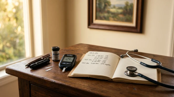 Glucometer showing a blood sugar reading beside test strips, a lancet, a stethoscope and a notebook of handwritten glucose numbers on a warm wooden desk, illustrating A1c and diabetes monitoring.