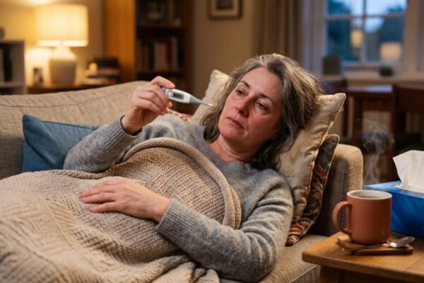A woman resting on a couch at home reading a thermometer, with tissues and hot tea nearby, unsure if she has a cold or the flu.