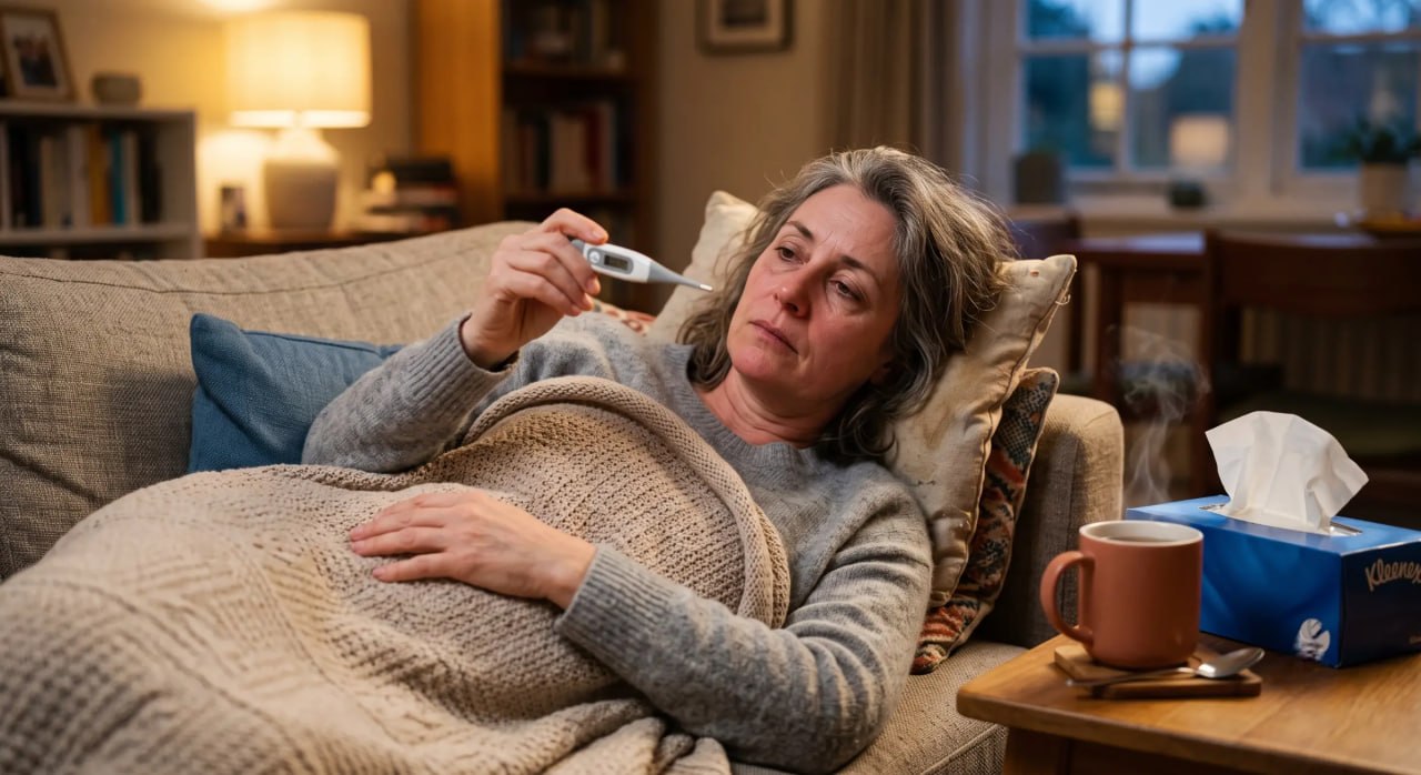 A woman resting on a couch at home reading a thermometer, with tissues and hot tea nearby, unsure if she has a cold or the flu.