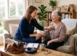 A family doctor listens to a patient's heartbeat with a stethoscope during an unhurried house call in a bright living room, a medical bag open nearby.