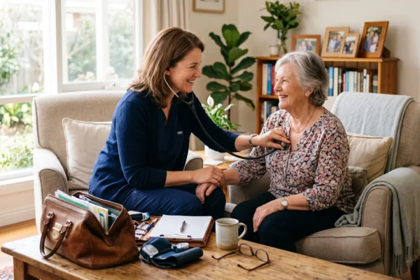 A family doctor listens to a patient's heartbeat with a stethoscope during an unhurried house call in a bright living room, a medical bag open nearby.