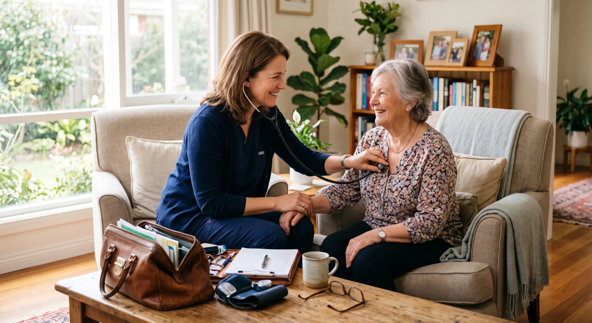 A family doctor listens to a patient's heartbeat with a stethoscope during an unhurried house call in a bright living room, a medical bag open nearby.