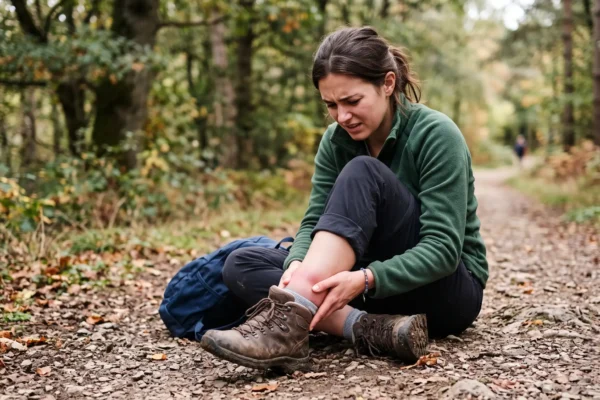 A person holding a swollen, twisted ankle after rolling it on an uneven path.