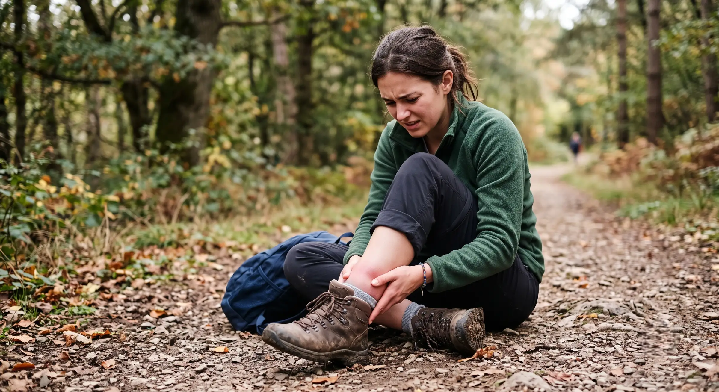 A person holding a swollen, twisted ankle after rolling it on an uneven path.