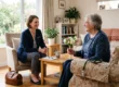 A bright, photorealistic editorial composition illuminated by soft, natural sunlight streaming through a large window on the left, creating a warm, airy atmosphere with vibrant, true-to-life colors. The shot utilizes a shallow depth of field, visually anchoring the right foreground with a stethoscope resting on a patterned armchair. The mid-ground features a clean, balanced arrangement of two seated figures facing each other. Small, white embroidered text is visible on the left chest of the dark blue cardigan worn by the figure on the left.