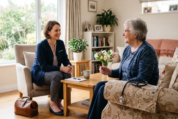 A bright, photorealistic editorial composition illuminated by soft, natural sunlight streaming through a large window on the left, creating a warm, airy atmosphere with vibrant, true-to-life colors. The shot utilizes a shallow depth of field, visually anchoring the right foreground with a stethoscope resting on a patterned armchair. The mid-ground features a clean, balanced arrangement of two seated figures facing each other. Small, white embroidered text is visible on the left chest of the dark blue cardigan worn by the figure on the left.
