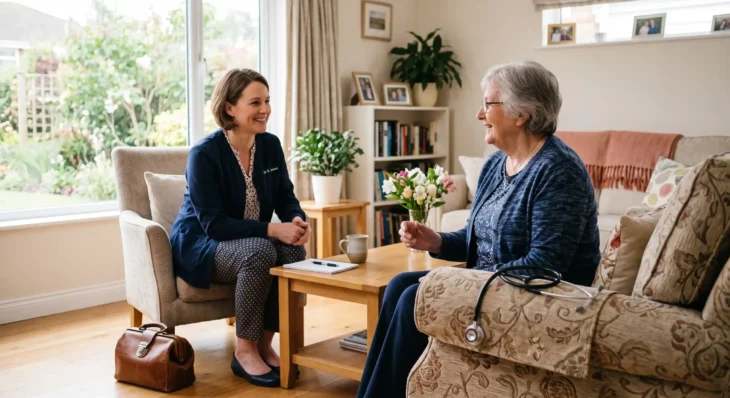 A bright, photorealistic editorial composition illuminated by soft, natural sunlight streaming through a large window on the left, creating a warm, airy atmosphere with vibrant, true-to-life colors. The shot utilizes a shallow depth of field, visually anchoring the right foreground with a stethoscope resting on a patterned armchair. The mid-ground features a clean, balanced arrangement of two seated figures facing each other. Small, white embroidered text is visible on the left chest of the dark blue cardigan worn by the figure on the left.