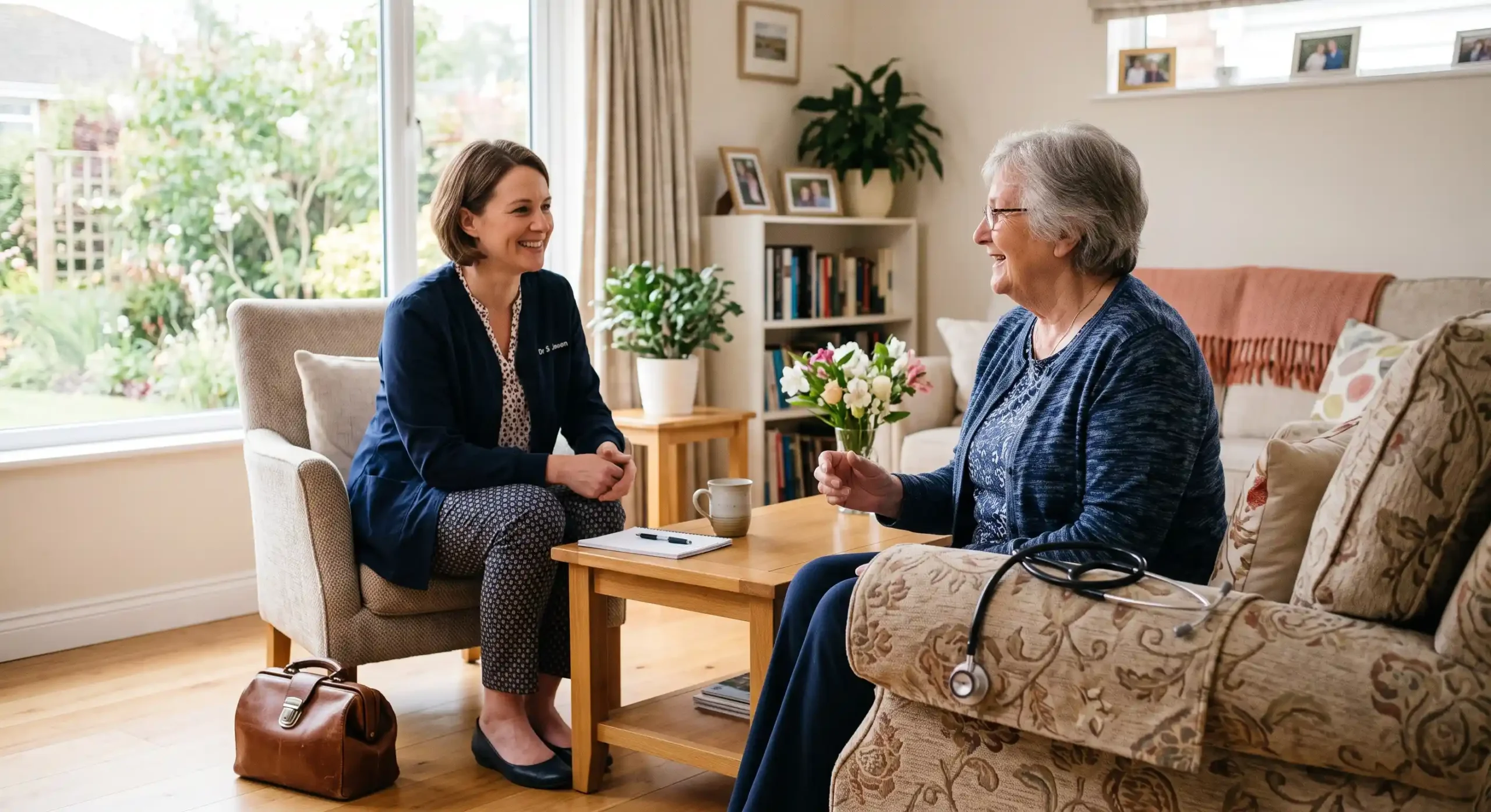 A bright, photorealistic editorial composition illuminated by soft, natural sunlight streaming through a large window on the left, creating a warm, airy atmosphere with vibrant, true-to-life colors. The shot utilizes a shallow depth of field, visually anchoring the right foreground with a stethoscope resting on a patterned armchair. The mid-ground features a clean, balanced arrangement of two seated figures facing each other. Small, white embroidered text is visible on the left chest of the dark blue cardigan worn by the figure on the left.