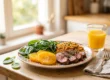 A brightly lit, close-up editorial photograph with a shallow depth of field, focusing on a cleanly composed, colorful patterned plate resting on a light wooden counter. Soft, warm natural sunlight streams from a gently blurred kitchen window in the background, casting inviting highlights across the vibrant green, bright orange, and rich brown textures of the arranged food. The balanced composition features the plate slightly to the left, anchored on the right by a glowing glass of orange liquid and a silver fork resting on a folded linen napkin. The overall lighting is airy and warm, emphasizing high-detail, photorealistic textures with true-to-life colors. There is no text on any of the objects.