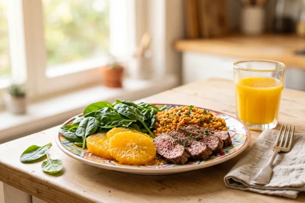 A brightly lit, close-up editorial photograph with a shallow depth of field, focusing on a cleanly composed, colorful patterned plate resting on a light wooden counter. Soft, warm natural sunlight streams from a gently blurred kitchen window in the background, casting inviting highlights across the vibrant green, bright orange, and rich brown textures of the arranged food. The balanced composition features the plate slightly to the left, anchored on the right by a glowing glass of orange liquid and a silver fork resting on a folded linen napkin. The overall lighting is airy and warm, emphasizing high-detail, photorealistic textures with true-to-life colors. There is no text on any of the objects.
