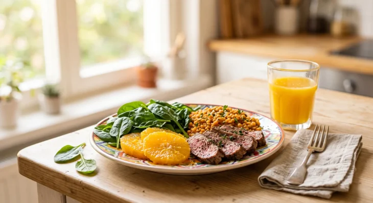 A brightly lit, close-up editorial photograph with a shallow depth of field, focusing on a cleanly composed, colorful patterned plate resting on a light wooden counter. Soft, warm natural sunlight streams from a gently blurred kitchen window in the background, casting inviting highlights across the vibrant green, bright orange, and rich brown textures of the arranged food. The balanced composition features the plate slightly to the left, anchored on the right by a glowing glass of orange liquid and a silver fork resting on a folded linen napkin. The overall lighting is airy and warm, emphasizing high-detail, photorealistic textures with true-to-life colors. There is no text on any of the objects.