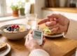 A brightly lit, close-up editorial photograph featuring an older adult's hands using a blood glucose meter at a wooden kitchen table. The composition utilizes a shallow depth of field, keeping the hands, the drop of blood, and the device in sharp focus while softly blurring a healthy breakfast of berry-topped oatmeal and avocado toast in the warm, sunlit background. The lighting is soft, natural, and inviting, creating a high-detail magazine aesthetic. The digital screen of the white meter prominently displays the text "104 mg/dL", and the brand name "FreeStyle Libre" is clearly printed at the bottom of the device.