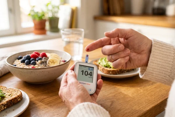 A brightly lit, close-up editorial photograph featuring an older adult's hands using a blood glucose meter at a wooden kitchen table. The composition utilizes a shallow depth of field, keeping the hands, the drop of blood, and the device in sharp focus while softly blurring a healthy breakfast of berry-topped oatmeal and avocado toast in the warm, sunlit background. The lighting is soft, natural, and inviting, creating a high-detail magazine aesthetic. The digital screen of the white meter prominently displays the text "104 mg/dL", and the brand name "FreeStyle Libre" is clearly printed at the bottom of the device.