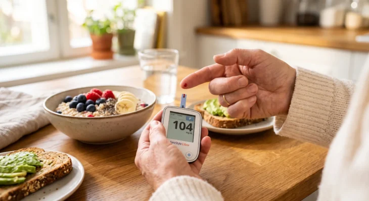 A brightly lit, close-up editorial photograph featuring an older adult's hands using a blood glucose meter at a wooden kitchen table. The composition utilizes a shallow depth of field, keeping the hands, the drop of blood, and the device in sharp focus while softly blurring a healthy breakfast of berry-topped oatmeal and avocado toast in the warm, sunlit background. The lighting is soft, natural, and inviting, creating a high-detail magazine aesthetic. The digital screen of the white meter prominently displays the text "104 mg/dL", and the brand name "FreeStyle Libre" is clearly printed at the bottom of the device.