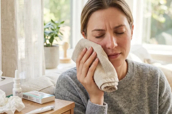 A close-up, eye-level composition bathed in soft, natural daylight streaming from a nearby window. The shallow depth of field keeps the central subject—a woman pressing a beige folded compress to her cheek with her eyes closed—in sharp focus, while gently blurring the brightly lit, airy background. In the soft-focus foreground on the lower left, a wooden table holds a white tissue box, crumpled tissues, a digital thermometer, a small medicine box with a barcode, and a white nasal spray bottle with tiny, partially legible text including the word "Saline".