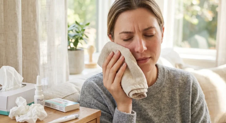 A close-up, eye-level composition bathed in soft, natural daylight streaming from a nearby window. The shallow depth of field keeps the central subject—a woman pressing a beige folded compress to her cheek with her eyes closed—in sharp focus, while gently blurring the brightly lit, airy background. In the soft-focus foreground on the lower left, a wooden table holds a white tissue box, crumpled tissues, a digital thermometer, a small medicine box with a barcode, and a white nasal spray bottle with tiny, partially legible text including the word "Saline".