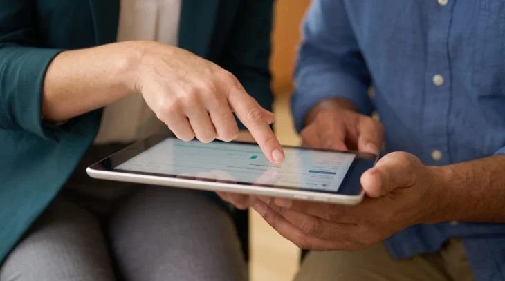 Close-up of two people's hands looking at a tablet. The person in the green blazer points to the screen, which is held by the person in the blue shirt. On the tablet screen, data visualizations like charts and graphs are clearly visible.