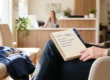 A brightly lit, warm-toned close-up composition featuring a spiral notebook resting on a person's lap, illuminated by soft, natural sunlight coming from the left. The shallow depth of field creates a crisp focus on the notebook's handwritten text, which reads: "Symptoms: fatigue, headache", "How long?", "Medication review?", "Sleep patterns?", and "Next steps?". The background gracefully falls out of focus, showing a blue jacket with reading glasses on an adjacent chair and a warm, airy clinic reception area.