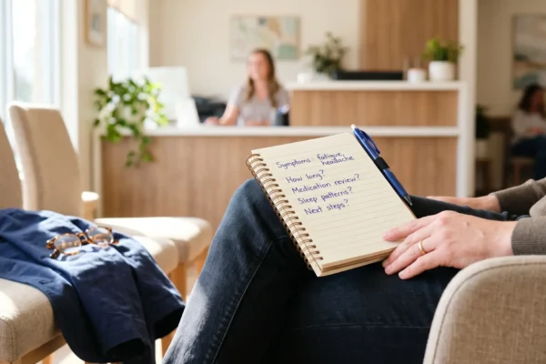A brightly lit, warm-toned close-up composition featuring a spiral notebook resting on a person's lap, illuminated by soft, natural sunlight coming from the left. The shallow depth of field creates a crisp focus on the notebook's handwritten text, which reads: "Symptoms: fatigue, headache", "How long?", "Medication review?", "Sleep patterns?", and "Next steps?". The background gracefully falls out of focus, showing a blue jacket with reading glasses on an adjacent chair and a warm, airy clinic reception area.