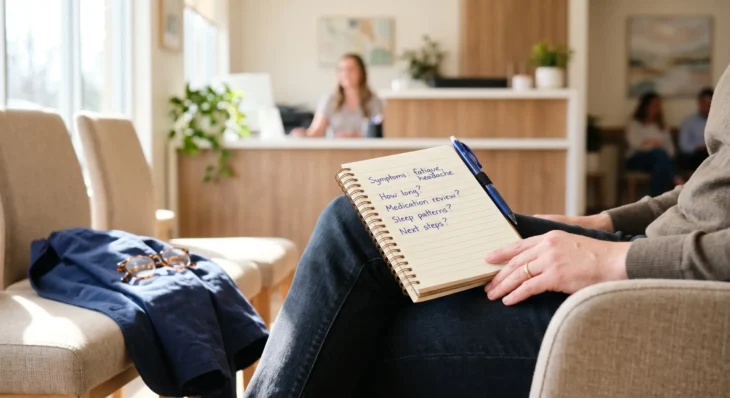 A brightly lit, warm-toned close-up composition featuring a spiral notebook resting on a person's lap, illuminated by soft, natural sunlight coming from the left. The shallow depth of field creates a crisp focus on the notebook's handwritten text, which reads: "Symptoms: fatigue, headache", "How long?", "Medication review?", "Sleep patterns?", and "Next steps?". The background gracefully falls out of focus, showing a blue jacket with reading glasses on an adjacent chair and a warm, airy clinic reception area.