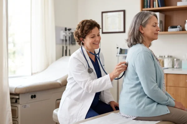 A bright, eye-level composition illuminated by soft natural sunlight streaming from a window on the left, casting a warm, airy, and inviting tone over a smiling female doctor examining a seated patient's back with a stethoscope. The image features a shallow depth of field that gently blurs the background exam table and wooden cabinets, emphasizing vibrant, true-to-life colors and a photorealistic aesthetic. The only text present is a tiny, indistinct embroidered logo or name on the doctor's white coat pocket.