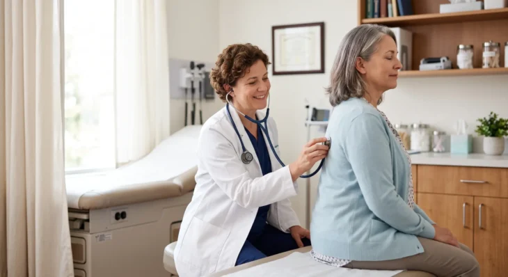 A bright, eye-level composition illuminated by soft natural sunlight streaming from a window on the left, casting a warm, airy, and inviting tone over a smiling female doctor examining a seated patient's back with a stethoscope. The image features a shallow depth of field that gently blurs the background exam table and wooden cabinets, emphasizing vibrant, true-to-life colors and a photorealistic aesthetic. The only text present is a tiny, indistinct embroidered logo or name on the doctor's white coat pocket.