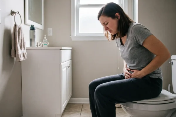 A medium shot in a softly lit domestic bathroom. Diffused natural daylight filters through a large window (or frosted pane) directly behind a woman, backlighting her and casting her distressed expression in soft detail. She is seated on a white toilet, leaning forward with a painful expression on her face and both hands pressed firmly against her lower abdomen. She wears a grey t-shirt and dark jogger pants. The frame is balanced with a white vanity unit and mirror to the left, holding a hand towel on a ring and a small bottle, over a tiled floor. The walls are a muted, neutral color. No visible text appears on any object.