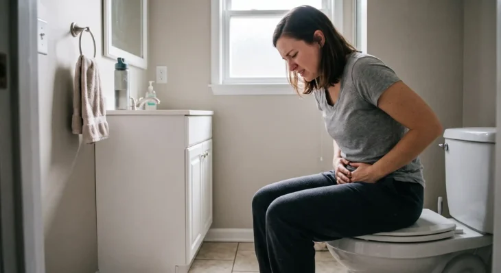 A medium shot in a softly lit domestic bathroom. Diffused natural daylight filters through a large window (or frosted pane) directly behind a woman, backlighting her and casting her distressed expression in soft detail. She is seated on a white toilet, leaning forward with a painful expression on her face and both hands pressed firmly against her lower abdomen. She wears a grey t-shirt and dark jogger pants. The frame is balanced with a white vanity unit and mirror to the left, holding a hand towel on a ring and a small bottle, over a tiled floor. The walls are a muted, neutral color. No visible text appears on any object.