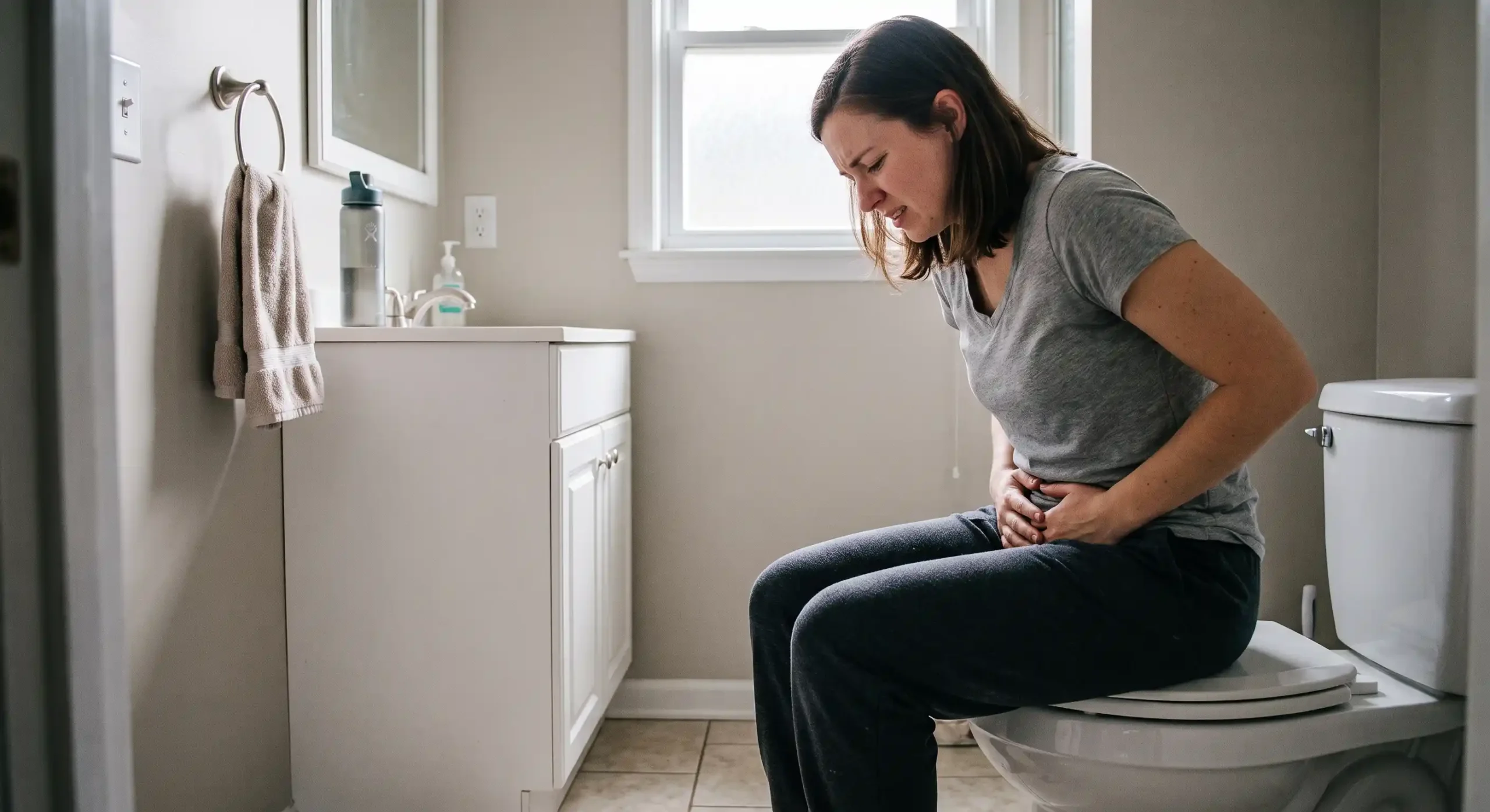 A medium shot in a softly lit domestic bathroom. Diffused natural daylight filters through a large window (or frosted pane) directly behind a woman, backlighting her and casting her distressed expression in soft detail. She is seated on a white toilet, leaning forward with a painful expression on her face and both hands pressed firmly against her lower abdomen. She wears a grey t-shirt and dark jogger pants. The frame is balanced with a white vanity unit and mirror to the left, holding a hand towel on a ring and a small bottle, over a tiled floor. The walls are a muted, neutral color. No visible text appears on any object.