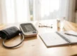 upper-arm blood pressure monitor and a handwritten reading log on a sunlit kitchen table