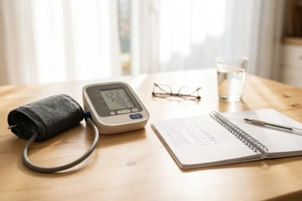 upper-arm blood pressure monitor and a handwritten reading log on a sunlit kitchen table
