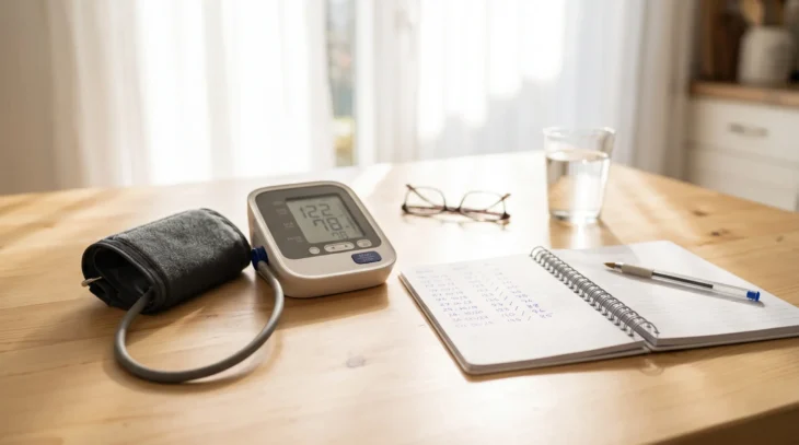 upper-arm blood pressure monitor and a handwritten reading log on a sunlit kitchen table