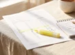 Printed blood test report with reference ranges on a sunlit table, a highlighter and a notebook of questions beside it