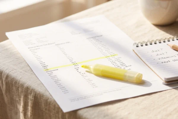 Printed blood test report with reference ranges on a sunlit table, a highlighter and a notebook of questions beside it