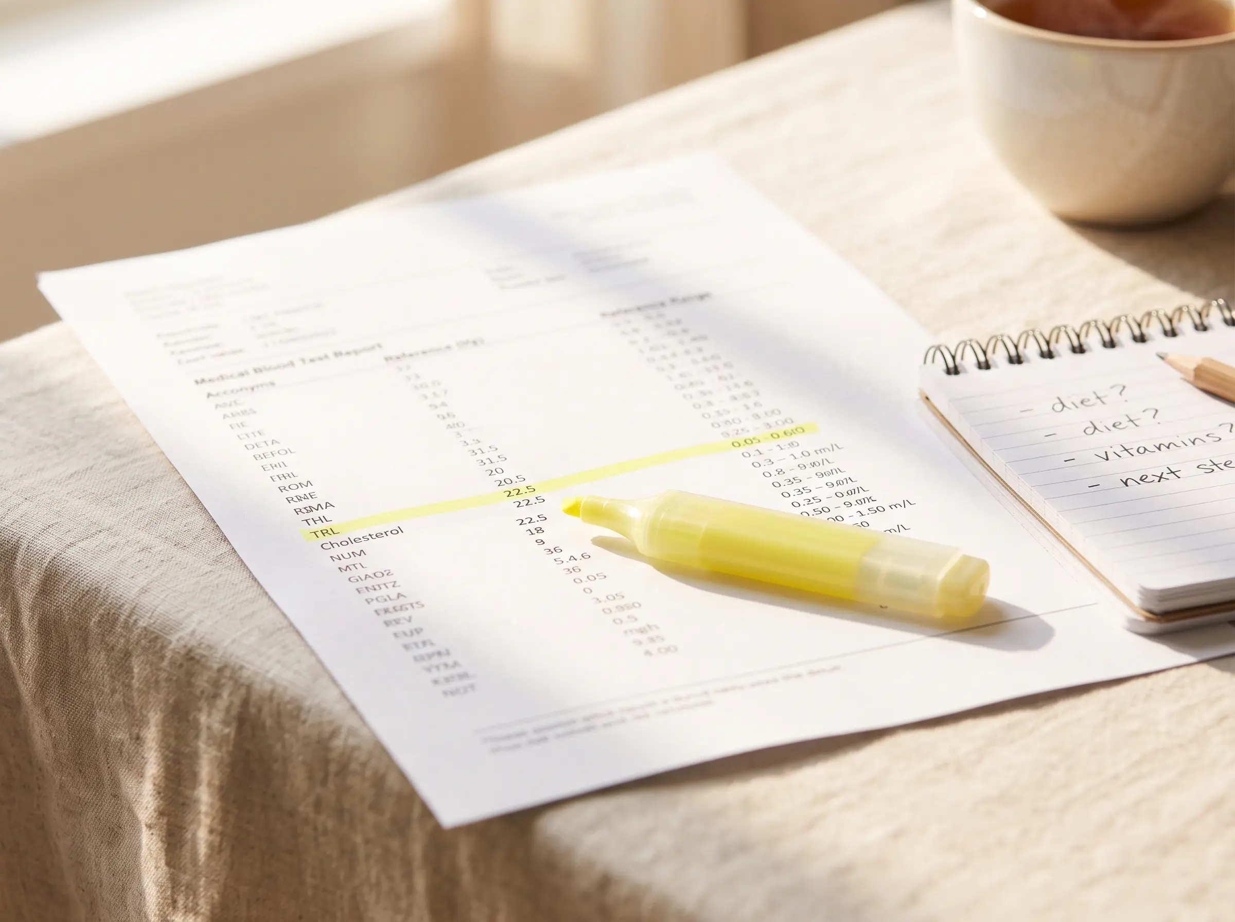 Printed blood test report with reference ranges on a sunlit table, a highlighter and a notebook of questions beside it